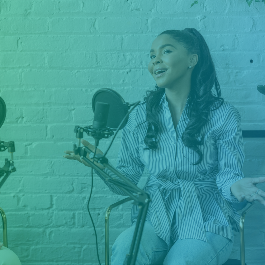 A woman speaking on a podcast