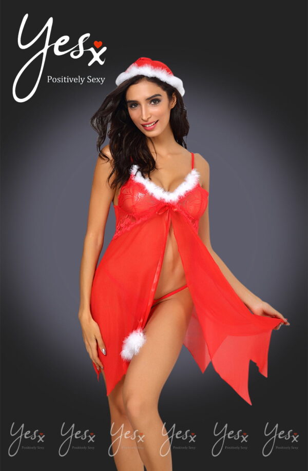 YesX YX947 3pc Red/White Hat, Babydoll & Thong - Image 5