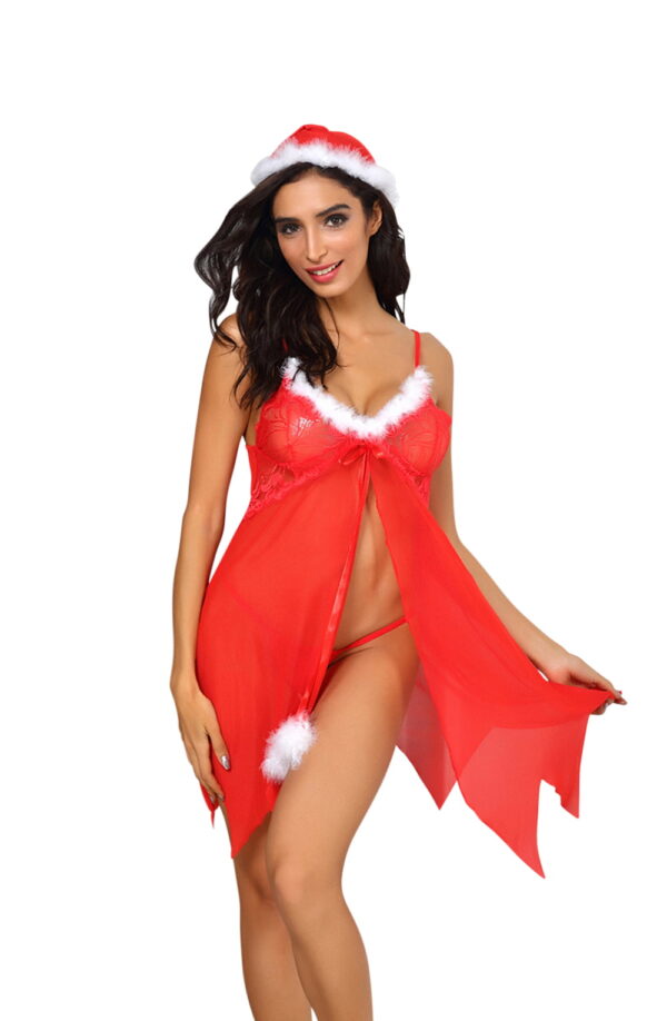 YesX YX947 3pc Red/White Hat, Babydoll & Thong - Image 3